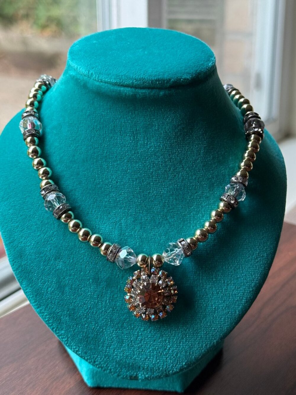 Sparkly Maximalism Necklace with Crystal Button Pendant Reclaimed